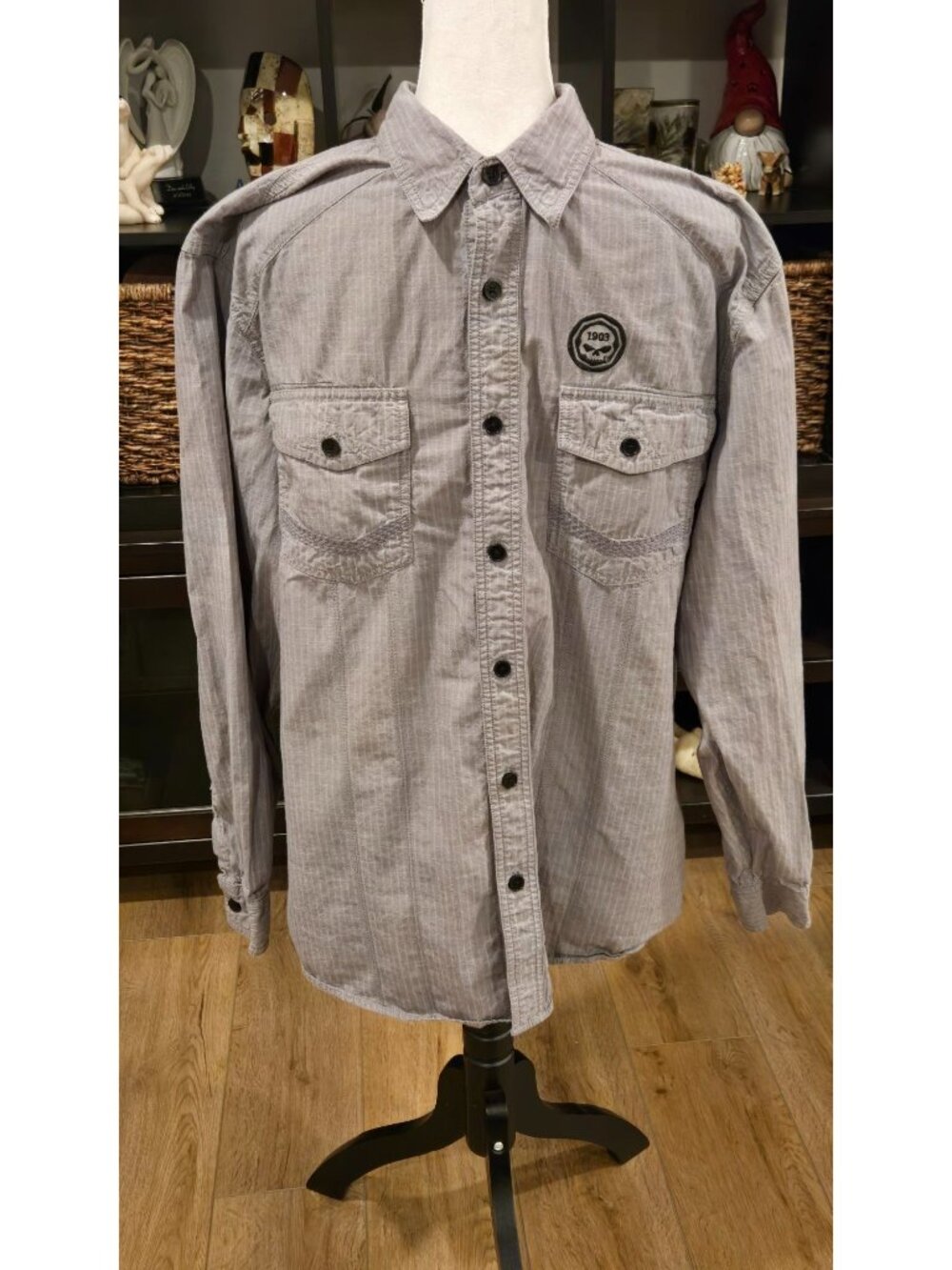 Harley-Davidson Men's XL Grey Pinstripe Button Down Shirt - Skull Back Graphic